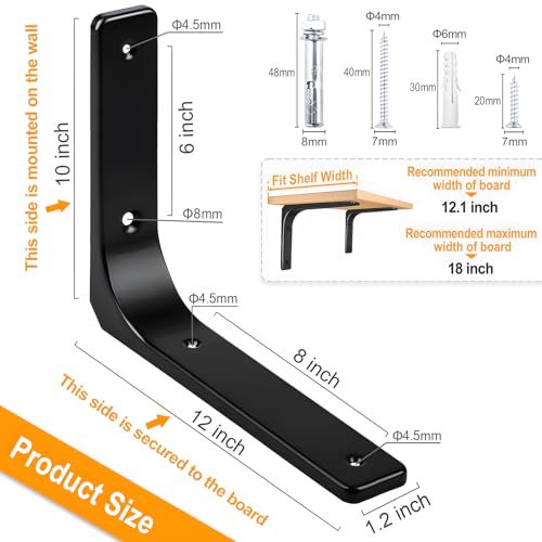 AISINYI 12\" x 10\" Metal Shelf Brackets, Heavy Duty L Hanging Angle Brackets, Iron Wall Bracket for Countertop Support, Corner Brace Joint, Black, 4 PCS - Thumbnail 4