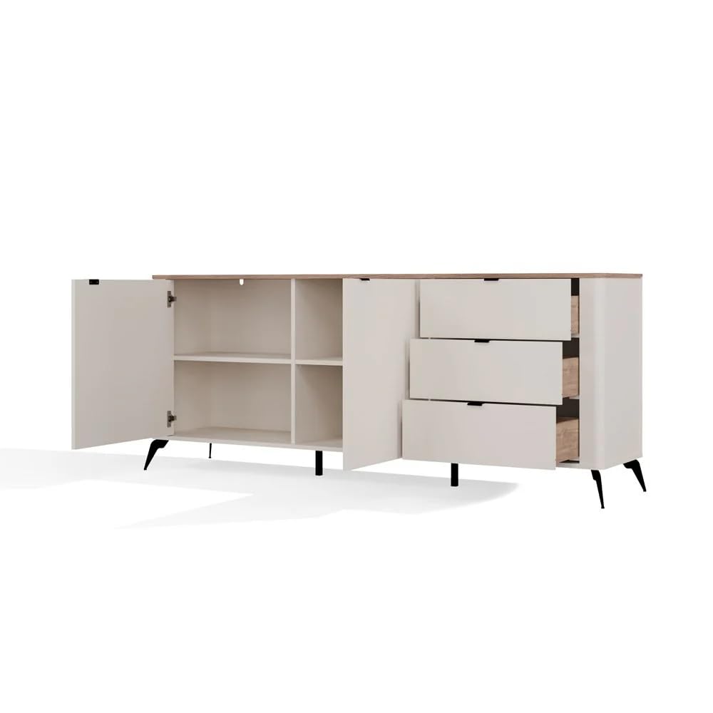 CDF Cómoda Cordoba Elegante 2D3S 183cm Ancho 2Puertas 3Cajones Cierre Suave Gris Roble Design Escandinavo Almacenaje Generoso Práctico Dormitorio Salón Oficina Niños Moderno