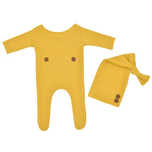 angwang 2 Pcs/Set Baby Hat Romper Newborn Photography Props Knitted Jumpsuit Long Tail Cap Kit Infants Photo Shooting Clothing Outfits Turmeric