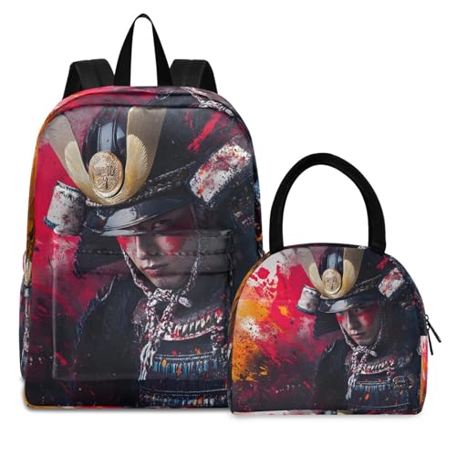 Backpack Lunch Bag Set Colored Painting Samurai Print, Big Storage Travel Backpacks with Insulated Lunch Box for Office Hiking Picnic