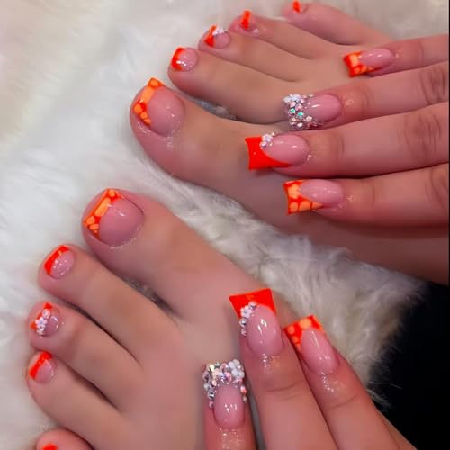 Image of 48Pcs Orange Press on Nails French Tip Press on Toenails Set Duck Fake Nails with Rhinestone Design Flower Glue on Toe Nails Glossy Artificial Acrylic Full Cover for Women Manicure