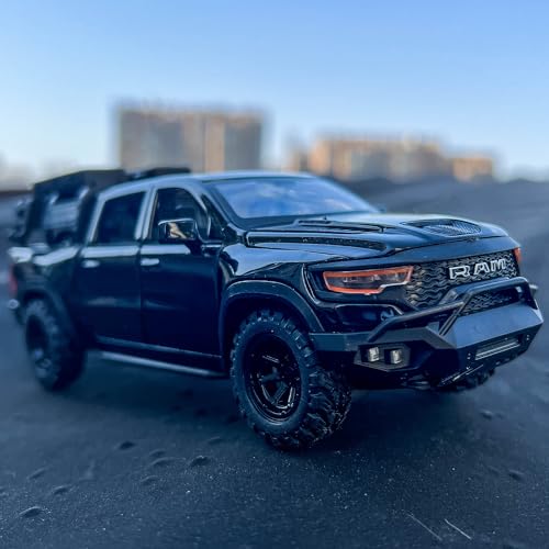 BDTCTK Dodge Ram Mammoth Pick-Up Truck Model Car, Zinc Alloy Pull Back Toy car with Sound and Light for Kids Boy Girl Gift(Black)