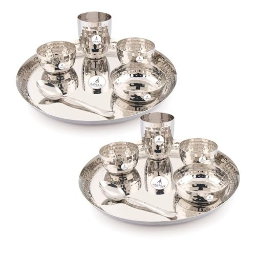 Image of Arham Stainless Steel Dinner Set | 12 Pcs (Big 2 Set) | Premium Heavy Weight Hammered Dinner Set for Gift | 12 Pcs (2 Plate, 2 Halwa Plate,4 Bowl /Wati, 2 Glass, 2 Spoon) | Premium DinnerWare