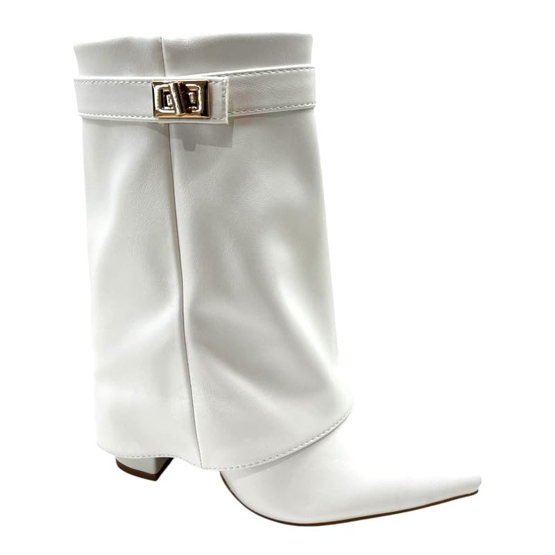 sole london LADIES Womens Ankle Fold Over Buckle Fashion Zip Pointed Block Heel Boots Stylish Ruched Design Comfortable Mid-Block Heel Faux Leather & Faux Suede_WHITE 6