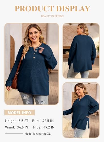 Eytino Womens Plus Size Sweaters Casual Long Sleeve Loose V Neck Button Henley Tops Pullover Knit Jumpers,(1X-5X)3