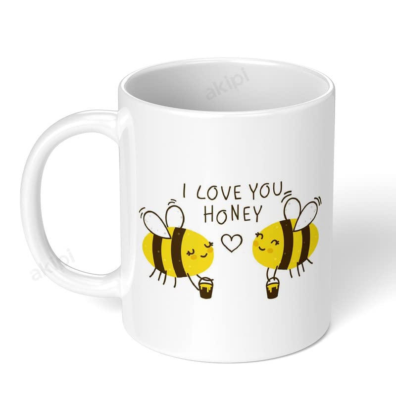 Akipi I Love You Honey Ceramic Mug - 11oz White Coffee/Tea Cup with Bee Design - Romantic Occasions - Thoughtful Gift Idea ARM414