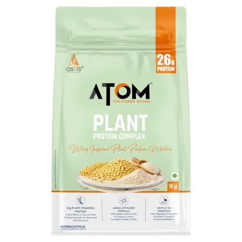 Image of AS-IT-IS ATOM Plant Protein Complex: 26g Protein,1 Kg, Cafe Latte - Clean, Easy to Digest | Complete Protein with Added Amino Acids, Ashwagandha & DigeZyme