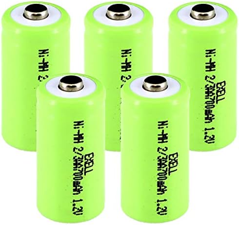 (5-PACK) Exell 1.2-Volt Nickel-Metal Hydride Rechargeable Button-Top Battery, 2/3 AA, 700 mAh, Battery Replacement for Electric Razor, Toothbrush, and More