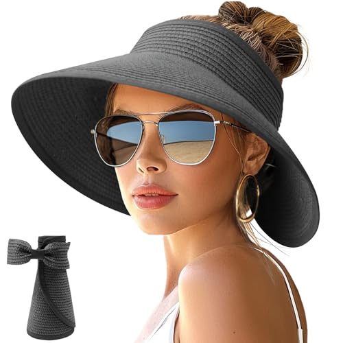 Image of NPJY Sun Hats for Women Wide Brim Roll-Up Beach Ponytail Hat Packable Foldable Travel Straw Visor
