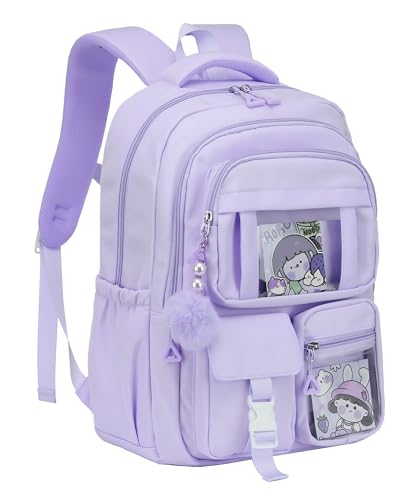 welsauber Kinderrucksack Mädchen 30L,Rucksack Kinder mit Brustgurt, Fensterfach und Anhänger,Schulrucksack Mädchen 6–12 Jahre für Schule und Reisen,Lila