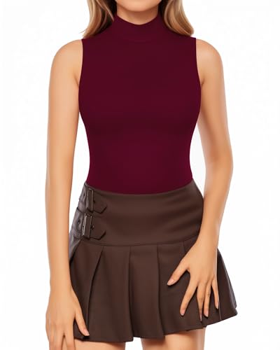 Image of MANGOPOP Women's Mock Turtle Neck Sleeveless Tank Tops /Long Sleeve Bodysuit Jumpsuit (A1 Burgundy (Modal), X-Large)