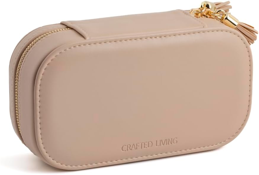 Summer Gift Beige Elegant Oval Jewelry Travel Case | Zip-Closure Jewelry Box with Mirror, Slots for Pendants, Bracelets, Rings & Earrings, Complimentary Dust Bag