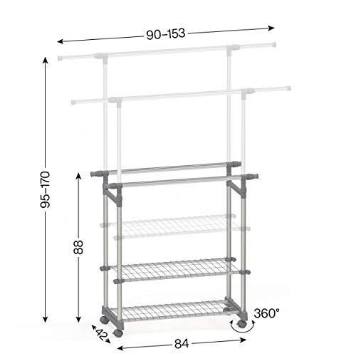 stardis Kleiderständer auf Rollen mit Ablagen ausziehbar höhenverstellbar Doppelte Edelstahl Kleiderstange grau stabil belastbar Garderobenständer Kleiderwagen B 90–153 x T 42 x H 95–170 cm