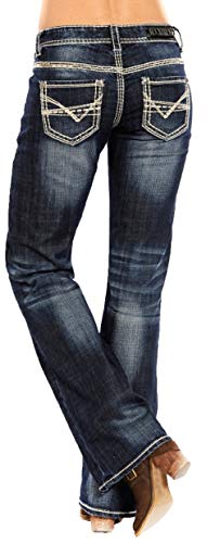 Rock & Roll Cowgirl Heavy Embroidered Riding Boot Cut Dark Vintage Wash Jean W7-9516 (32