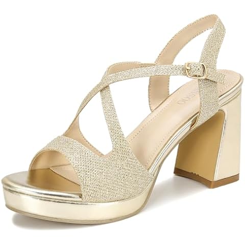 CAMSSOO Platform Heels for Women Open Toe Strappy High Chunky Sandals Ankle Strap High Heeled Party Wedding Prom Dress Shoes 3.55 Inches Gold Glitter Size 7 Cover