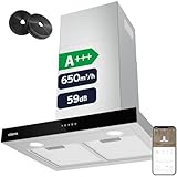 CIARRA CBCS6102 Classe A+++ Cappa Aspirante 60 cm 650 m³/h Touch Control 4 Livelli Inclusa Booster Scarico Ricircolo Aria Montaggio a Parete Acciaio Inox con Filtri Carbone CBCF003