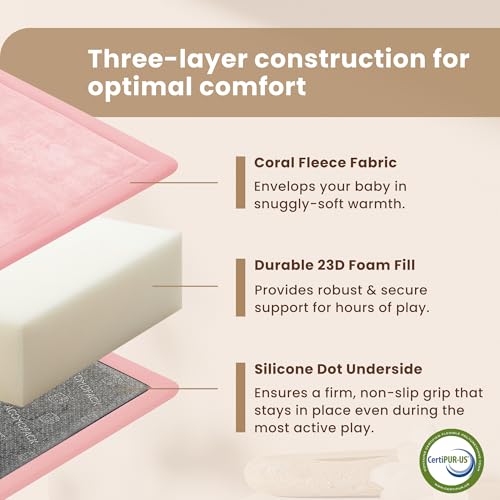 Image of ACOMOPACK Baby Play Mat for Floor,1.3 inch Thick Elasti-Foam 59 inchx71 inch Non-Slip Water Repellent,Non-Toxic Playpen Mat for Infants Toddlers Kids, Ultra Soft Coral Velvet for Tummy Time Crawling(Pink)