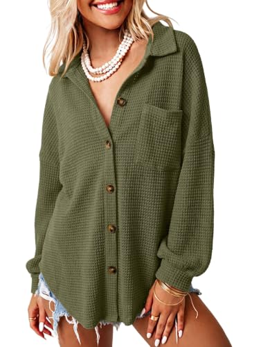 Dokotoo Womens Oversized Long Sleeve Button Up Shirts Green M
