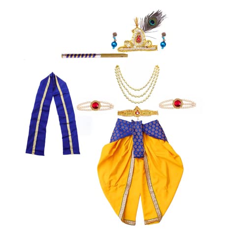 Image of ITSMYCOSTUME Krishna Dress for Baby Boy Kids Set of 10(Dhoti,Hip Cover,Patka,Mukut,Morpankh,Bansuri,Kamarband,Bajuband,Kundal) Little Krishna Ji Kanha Janmasthmi Costume