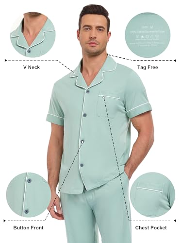 Image of COLORFULLEAF 100% Cotton Mens Pajamas Set Short Sleeve Loungewear with Long Pants Button Down Sleepwear Soft Comfy Pj for Men