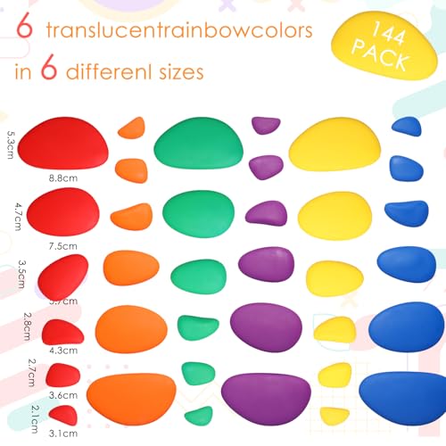 Image of Simgoing 144 Pcs Rainbow Stacking Stones Colorful Pebbles for Sorting and Stacking, 6 Colors(Bright)