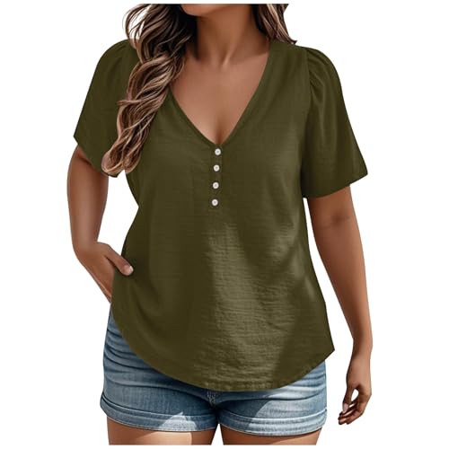 Blusas de talla grande para mujer, de verano, de manga corta, casual, para leggings, cuello en V, plisada, con botones, holgadas, básicas, para salir, blusa cómoda, Ejercito Verde, XL