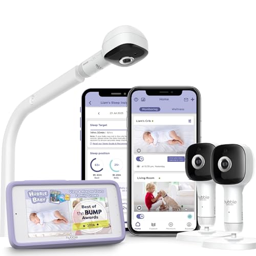 HUBBLE CONNECTED SkyVision Pro Twin AI-Enhanced HD Smart Baby Monitor, 2 Cameras, Parent Unit, Mounts, Smart Rollover & Cry Detection, AI Sleep Report, 2-Way Talk, Night Vision, Light & Sounds, App