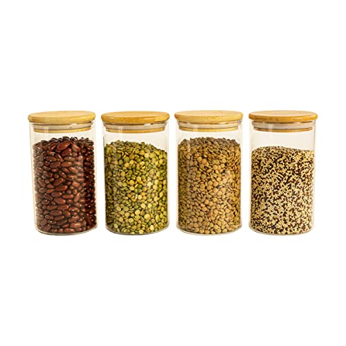 Kit 4 Potes De Vidro p/Mantimentos 600ml c/Tampa Bambu