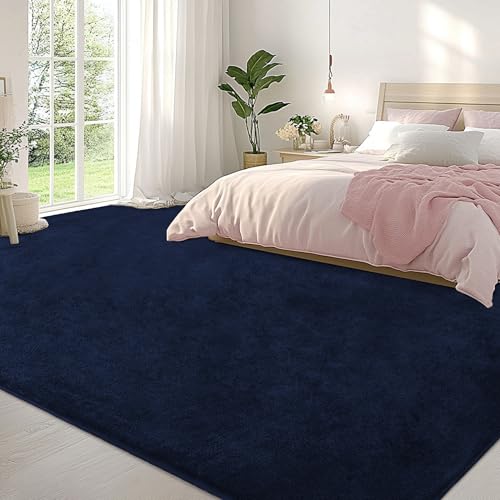Image of Large Modern Area Rugs for Living Room Bedroom, 5x8 Feet Navy Blue Ultra Soft Thickened Memory-Foam Indoor Rug, Comfy Aesthetic Solid Minimalist Carpets for Girls Boys Nursery Dorm Home Decor
