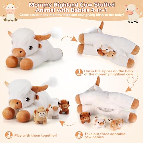 Image of 4 Pieces Highland Cow Stuffed Animals - 1 Mommy Stuffed Highland Cow with 3 Babies - White Cow Gifts for Girls Age 3-8, Cows Plush Toys for Christmas, Valentine's, Birthday Gifts (White)