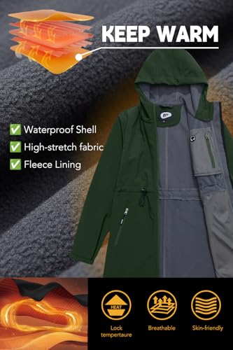 Image of FARVALUE Women's Long Softshell Jacket Waterproof Lightweight Warm Windproof Hooded Fleece Lined Rain Coat for Outdoor