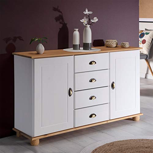 IDIMEX Buffet Colmar Commode bahut vaisselier Meuble Bas Rangement avec 4 tiroirs au Centre et 2 Portes battantes de Chaque côté, en pin Massif lasuré Blanc...