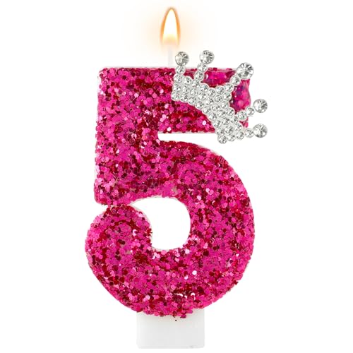 AKURIEEY Hot Pink Birthday Candles Crown Number 5 Candle Birthday Party Decorations Cake Topper Cupcake Decor for Anniversary Celebrations Supplies