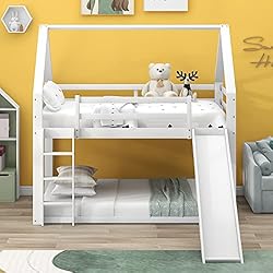 Moimhear Cama Doble Cama para niños Cama de la casa Litera con tobogán y Escalera, habitación Infantil litera Doble Alta, 90x200cm (White)
