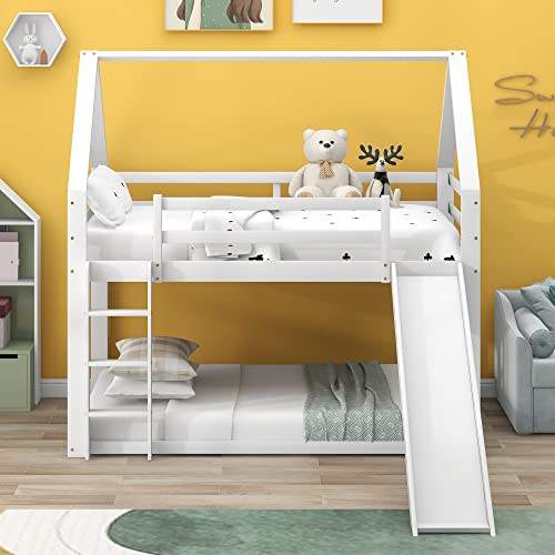 Moimhear Cama Doble Cama para niños Cama de la casa Litera con tobogán y Escalera, habitación...