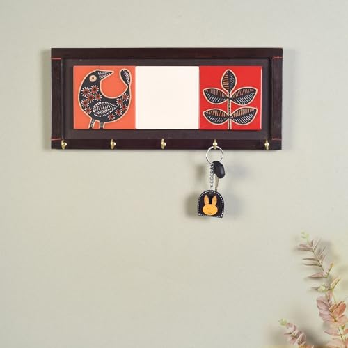 Image of AAKRITI ART CREATIONS Key Holder, Pichhwai Handcrafted Tiles Key Holder Panel | Rustic Ceramic & Wood Wall Organizer with 5 Hooks | Storage Shelf for Keys, Hats | Multifunctional Entryway Decor.