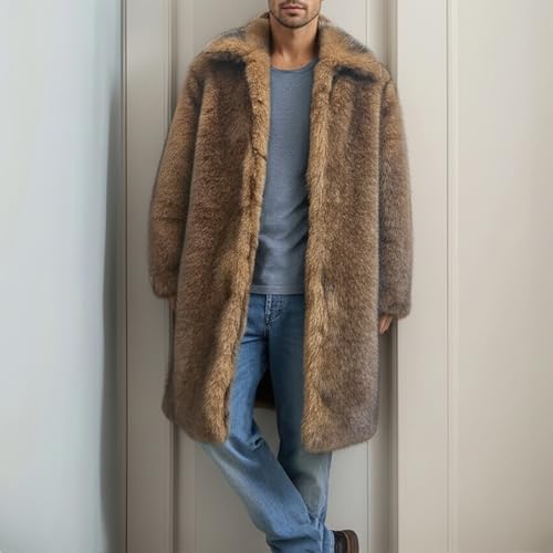 Image of Colf Men's Winter Fluffy Lapel Faux Fur Coat Jacket | Mens Faux Fur Jacket, Winter Long Overcoat, Long Sleeve, Fluffy, Thik Warm