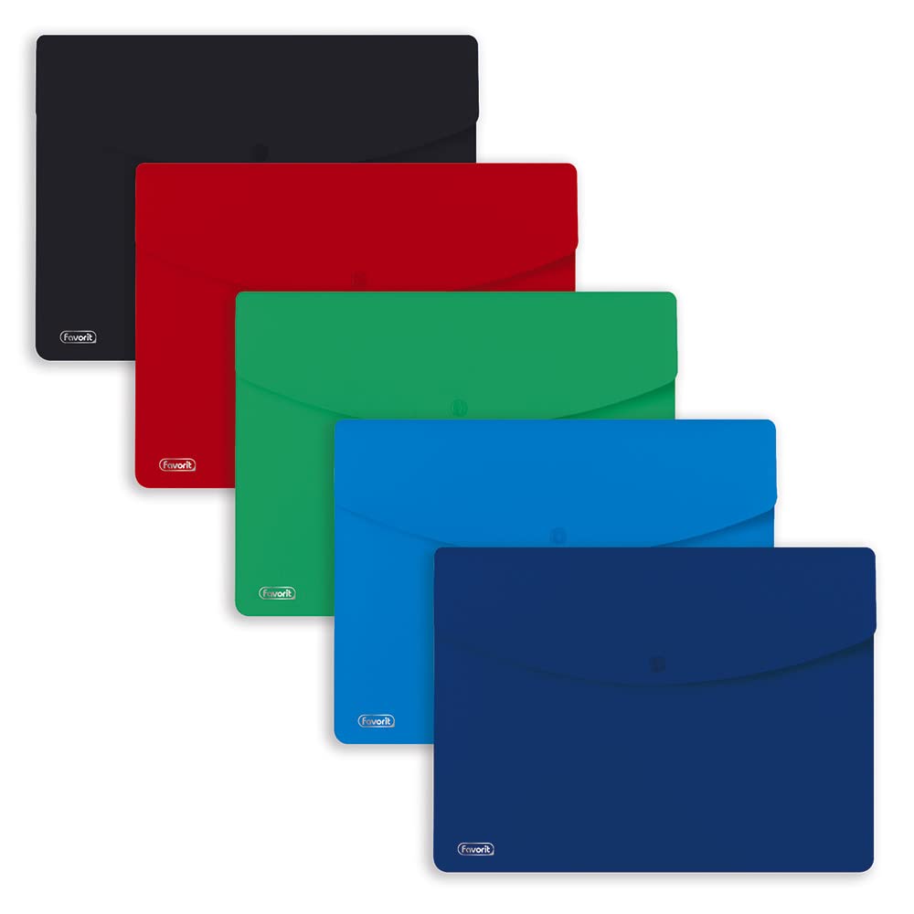 FAVORIT 400159216 Envelopes with Sprint Button, A4, Polypropylene, Opaque, Pack of 5, Assorted Colours