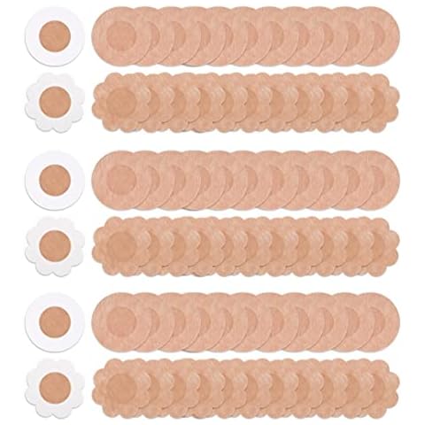 Belerry 100 Pcs Nipple Covers Breast Pasties Comfortable Disposable Non-woven nipple stickers Self-adhesive Petal Bra Pasties for Women (Flower, Round) Beige Cover