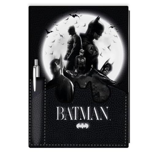 Batman - Juego de cuaderno y bolígrafo A5 de alta calidad, juego oficial de DC Comics Batman y bolígrafo, diseño con el icónico logotipo de Batman, perfecto para escribir, diario, regalo, ideal para