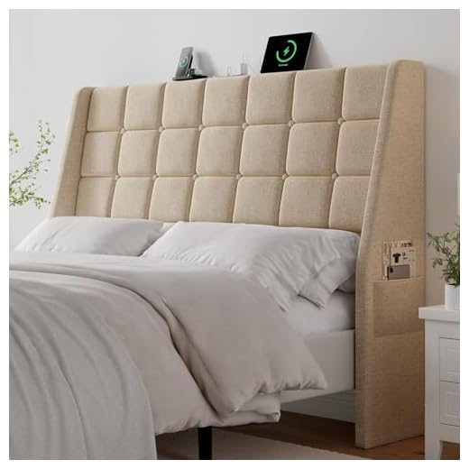 Ergonomic Upholstered Headboard Queen Size w/Charging Station, Linen Wingback Headboards w/Storage Pocket, Queen Headboard Only, Bed Frame Adapters, Sturdy Stable Solid Wood Bed Head Board, Beige