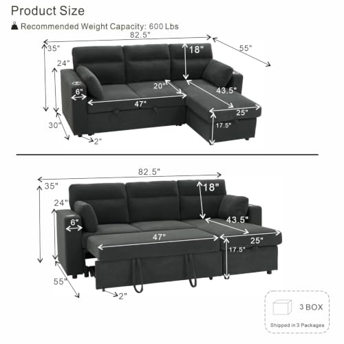 Image of KEIKI 82.5 inch Sleeper L Shaped Sofa with Pull Out Bed,