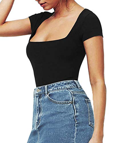 Mangopop Women's Square Neck Short Sleeve Long Sleeve Tops Bodysuit Jumpsuit (A Short Sleeve Black, Small) #TOP2