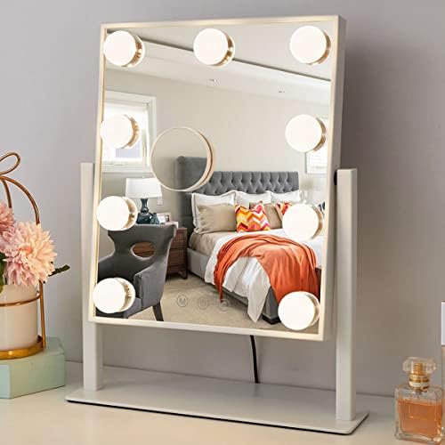 MiroFan Vanity Mirror with Lights Hollywood Mirror Lighted Makeup Mirror with Dimmable&3 Color Modes Lights, 9 LED Bulbles with Detachable 10X Magnification Mirror Lighted Makeup Mirror