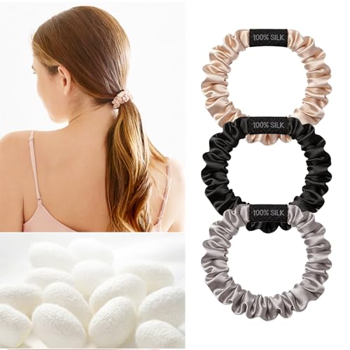 Image of THXSILK 100% Mulberry Silk Small Scrunchies 3-Pack, 25 Momme Low Profile Hair Ties for Fine Hair, Sleek No Damage Ponytail Holders for Everyday Use(Beige, Black, Grey)