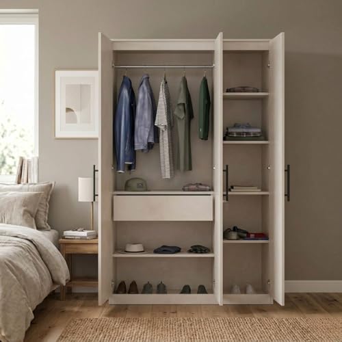 Image of FFO Metrix 3 Door Wardrobe for Bedroom | Black Wooden Almirah with Hanging Rod, Shelves & Lock | Spacious Clothes Storage Cabinet for Home, Bedroom, Hostel & Office | Modern Engineered White DIY.