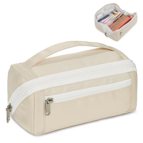 Image of Large Pencil Pouch for Teen Girls, 8 Compartments, Cream White | Large capacity pencil case, wide-opening organizer fits calculators, markers, pens; for middle school, high school, college