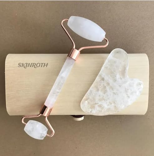 Image of Grade A+ Clear White Rose Quartz Roller & Gua Sha For Face Massager Jawline Anti-Aging, Drainage Massage, Wrinkles, Facial Guasha (Clear White)