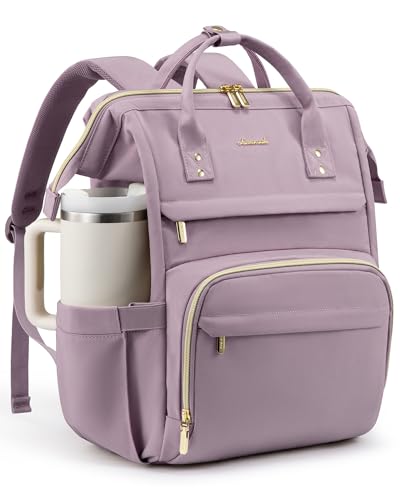 Image of LOVEVOOK Laptop Backpack for Women with Giant Tumbler Holder Pocket,17 inch Waterproof Travel Backpack Purse Computer Laptop Bag,Professional Work College Nurse Teacher Backpack Daypack,Light Purple