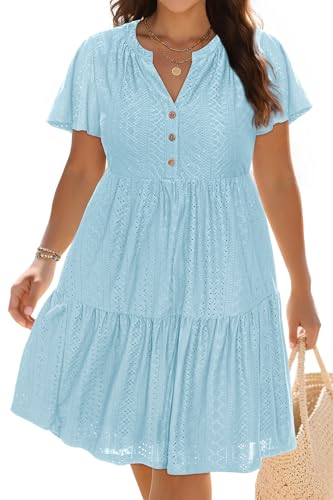 Image of Plus Size Summer Dress Casual Short Sleeve Button Midi Sun Dresses Women